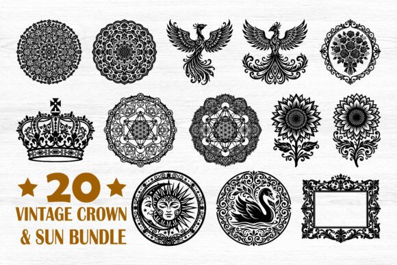 20 Vintage Crown and Sun SVG Bundle