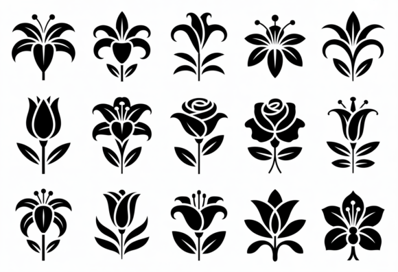 Black Floral Vector Icons Set Flowers