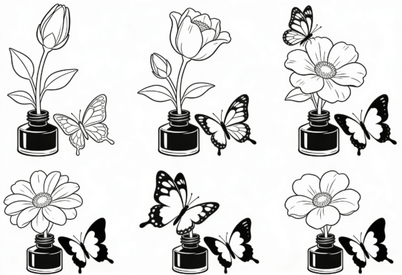 Floral Butterfly Ink Bottle Line Art