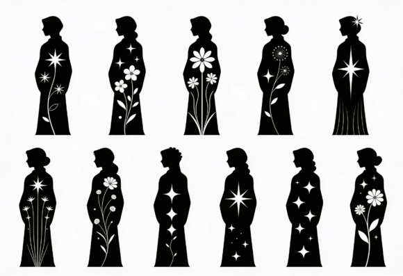 Floral Star Silhouette Woman Clipart