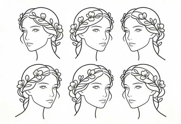 Floral Wreath Woman Line Art Vector
