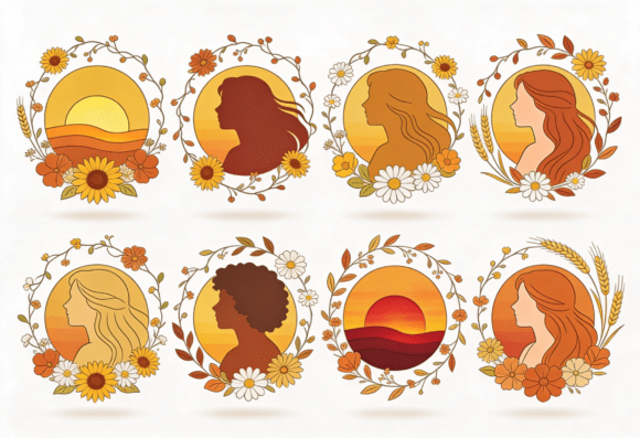 Retro Boho Woman Silhouette Floral Sun