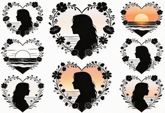 Woman Silhouette Heart Floral Sunset